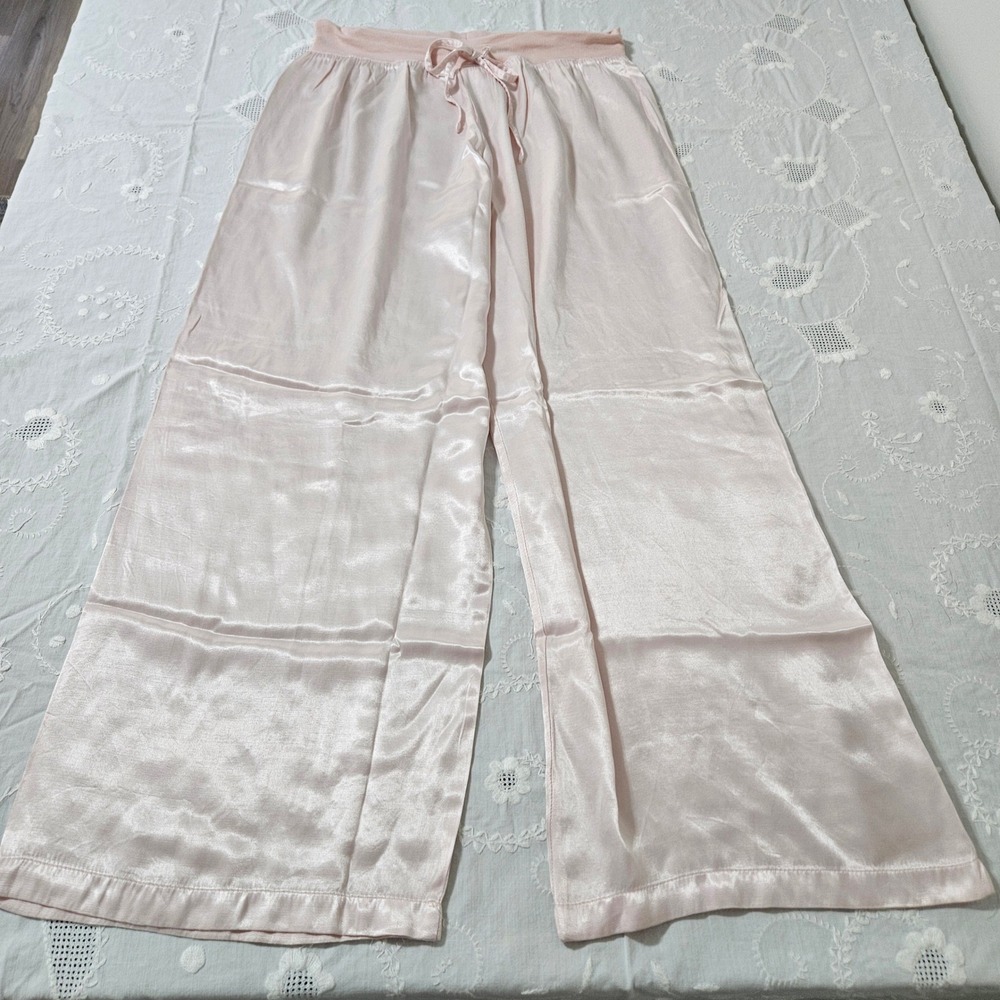 PJ Harlow Satin Wide Leg Lounge Pants Pink Drawstring Pajamas L Boho Comfort